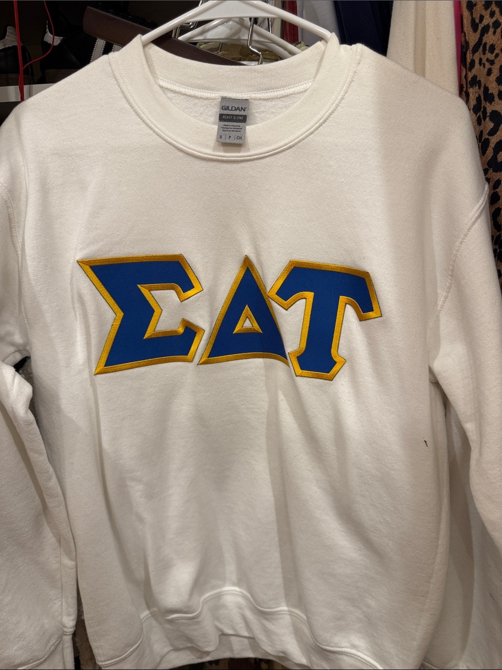 Gildan White Crewneck with Blue and Gold SIGMA DELTA TAU Greek Letters